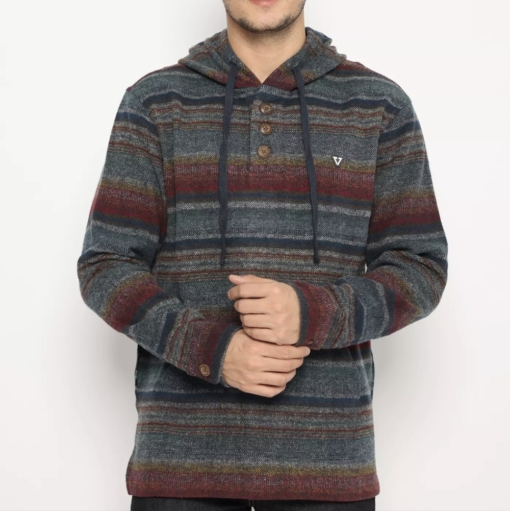 Vissla Men's Descanso Hooded Popover, a blanket-striped knit hoodie